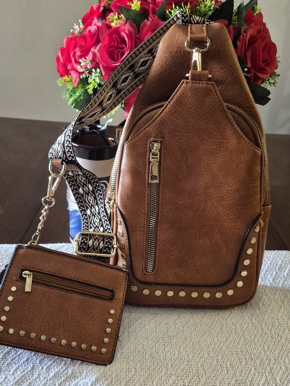Tan Studded Crossbody Sling Bag with Matching Card Wallet